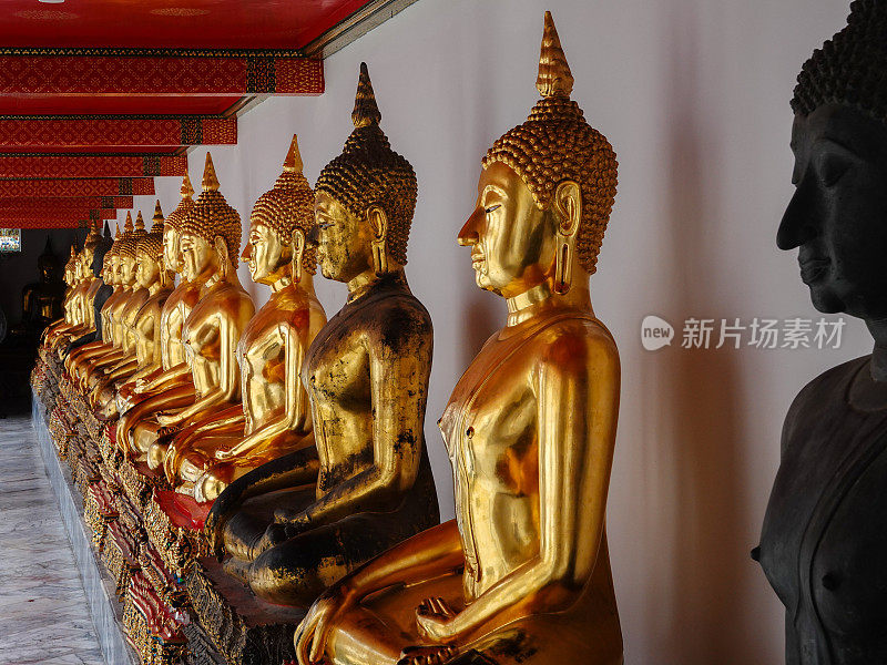 老挝万象一排金色佛像的侧视图