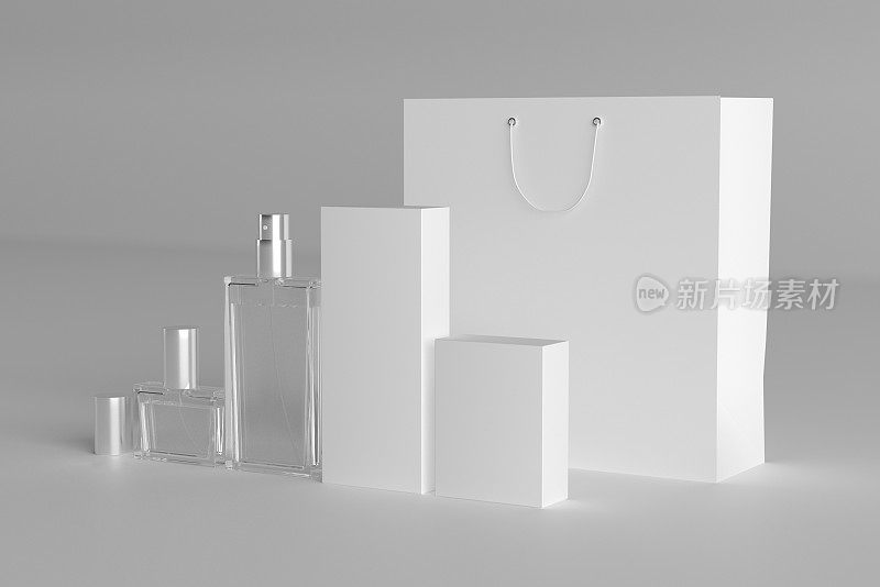 不同容积香水包装的3D渲染，包装空白模板，有设计的地方