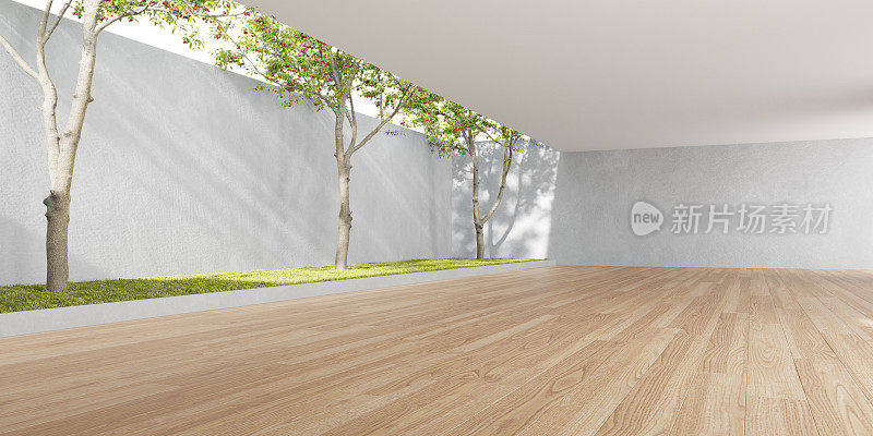 空房间的三维效果图，有木地板和混凝土墙。