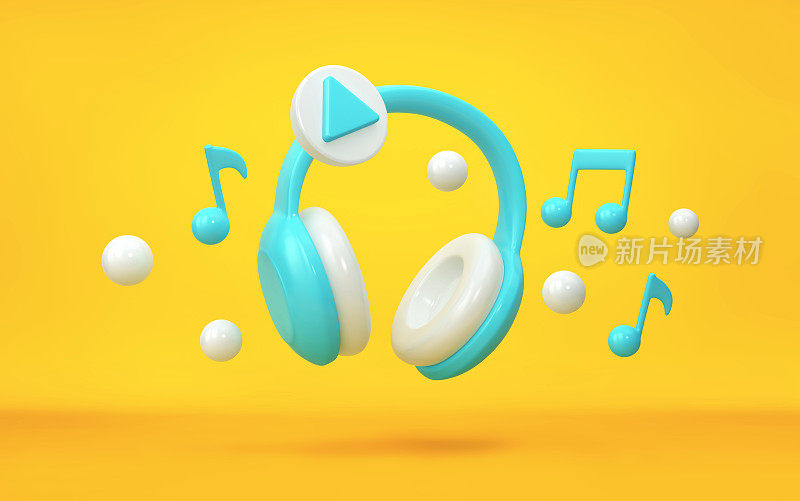 耳机和音符飞过黄色背景。音乐应用程序的概念