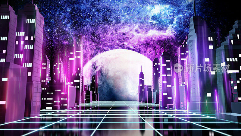 程式化的未来主义城市对一个通用的外星行星和天空的夜晚背景在紫色和蓝色的色调。元宇宙背景概念。