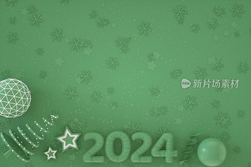 2024年新年气球与圣诞装饰绿色背景