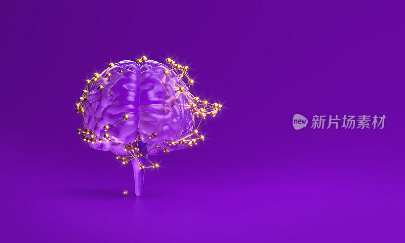 紫色的大脑对象覆盖连接线和点在紫色的背景