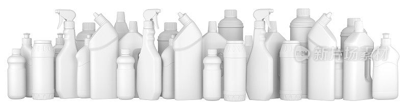 塑料洗涤剂瓶子排成一排。