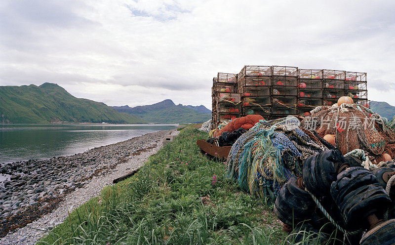 蟹笼，渔网，绳索，阿拉斯加荷兰港