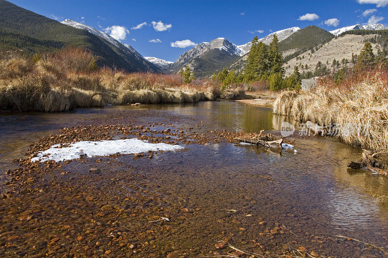 有水和雪的岩石河床