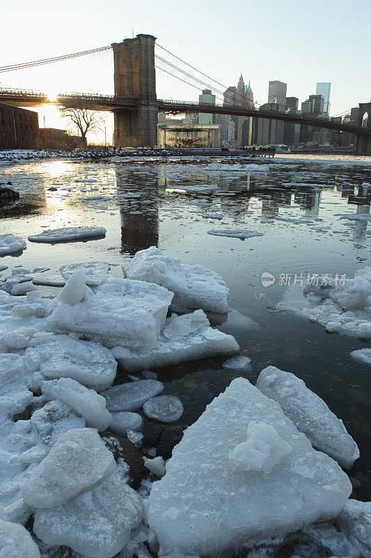 纽约东河在一个寒冷的冬日结了冰