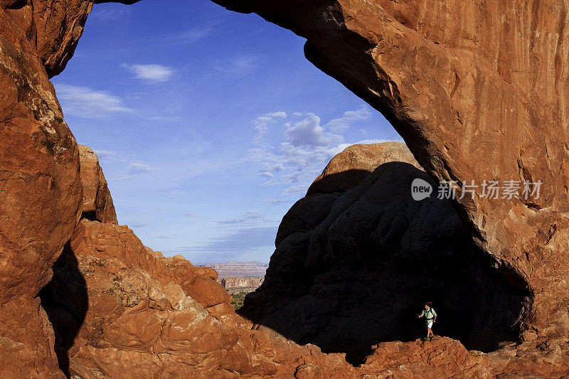 背包客在犹他州摩押的极端岩石地形上徒步旅行