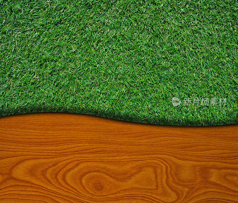 木板和绿色草坪纹理背景