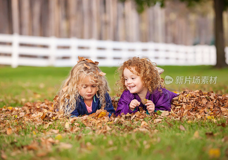 女孩们在秋叶中嬉戏