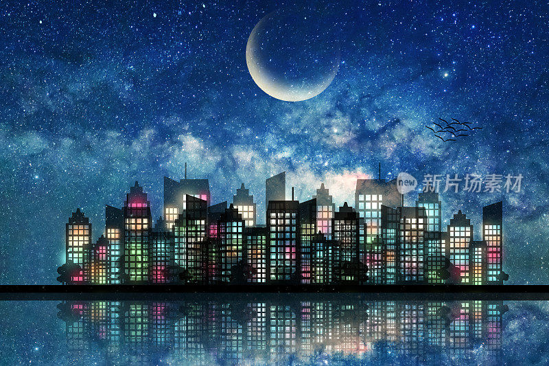 在星光灿烂的夜空下，剪影的城市夜光和月亮