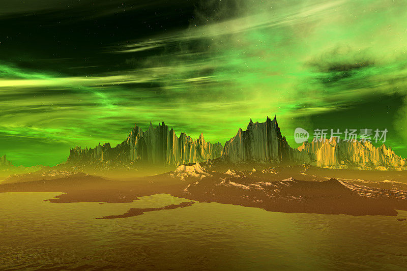3D渲染幻想外星球。岩石和湖