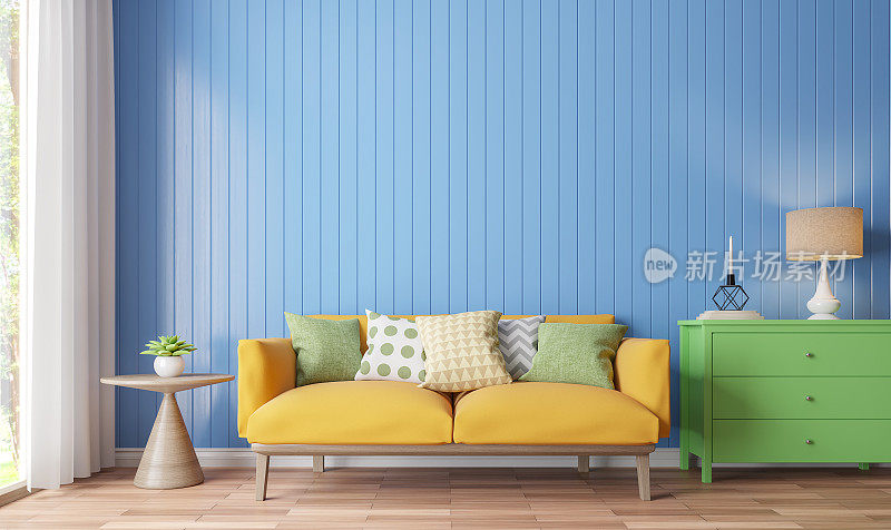 色彩缤纷的客厅3d渲染图像