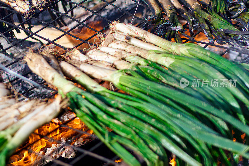 Calçots烤架上的火上——加泰罗尼亚人的典型餐点