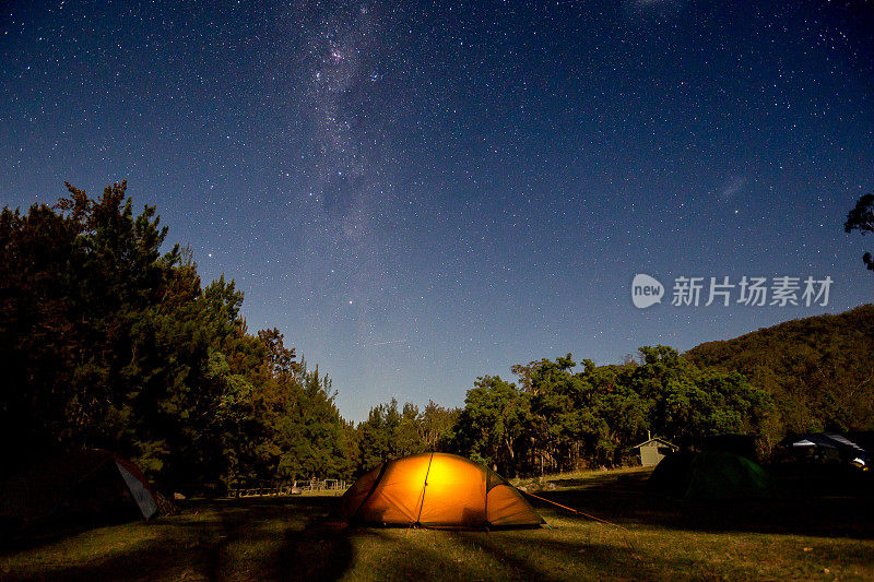 一个橙色的帐篷在充满星星的银河夜空下闪闪发光