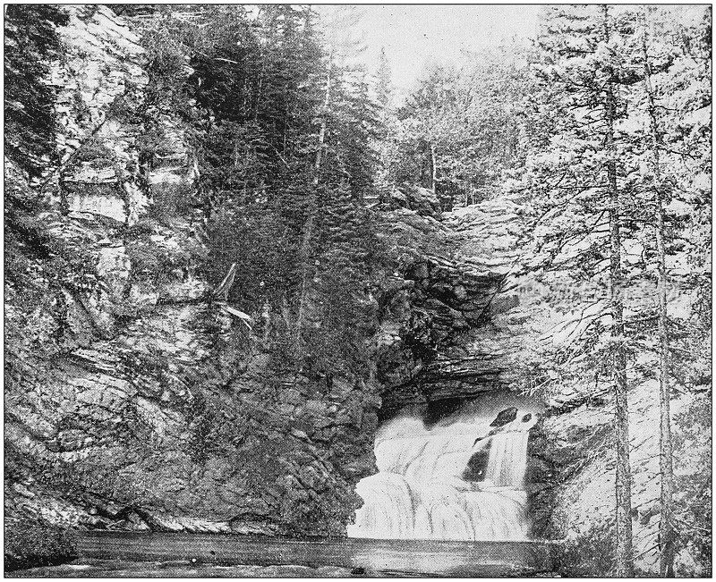 美国著名风景的古董照片:回声峡谷瀑布，落基山，米德维尔，蒙大拿州