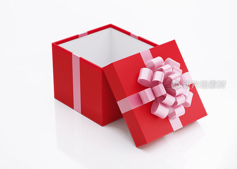 打开用粉红色丝带系着的红色礼品盒