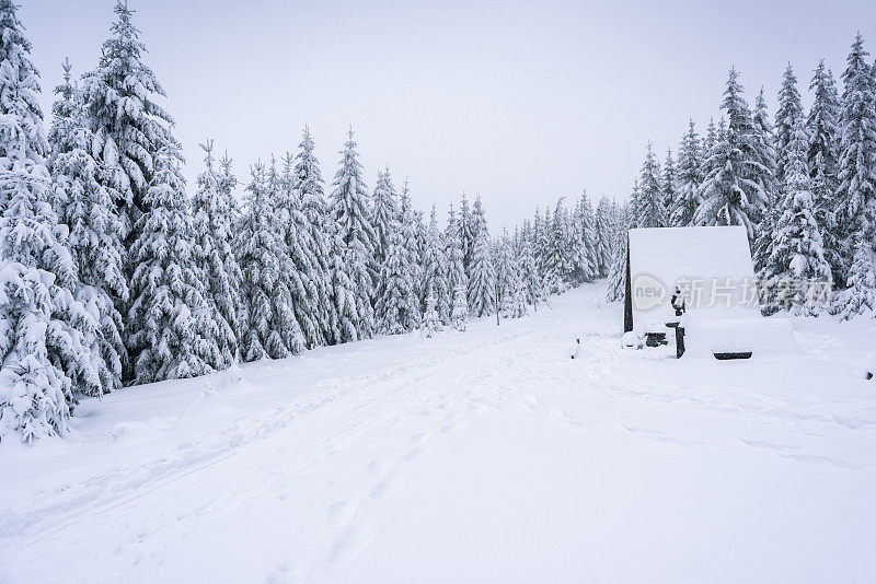 山间小路上有一座小木屋，上面覆盖着积雪