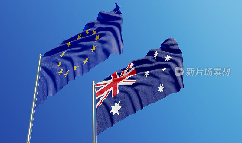 欧盟和澳大利亚国旗迎风飘扬