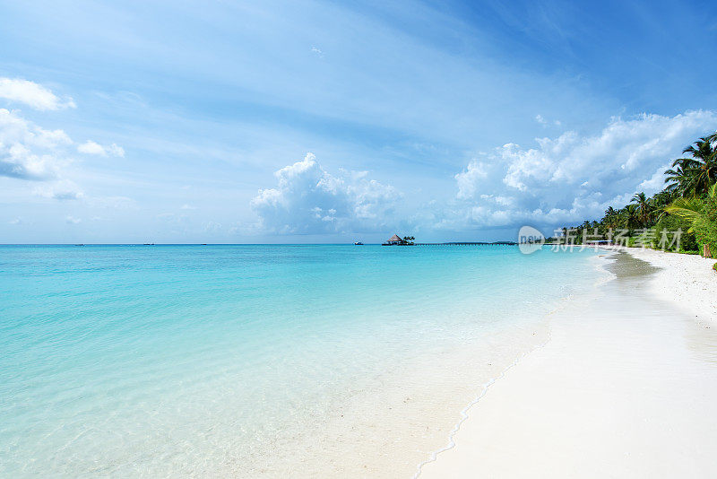 完美的白色沙滩和马尔代夫的绿松石热带海洋