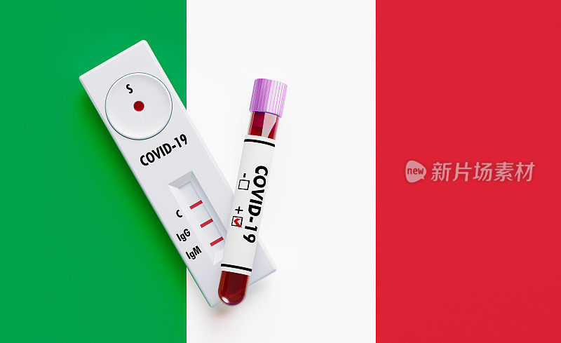 2019冠状病毒病试管和试剂盒安装在意大利国旗上