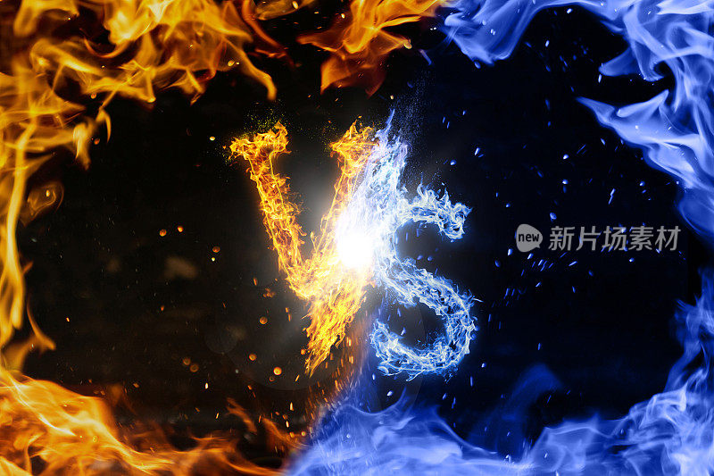 字母VS.蓝色VS.黄色火焰火焰黑色孤立的背景，火花与现实的火焰效果。