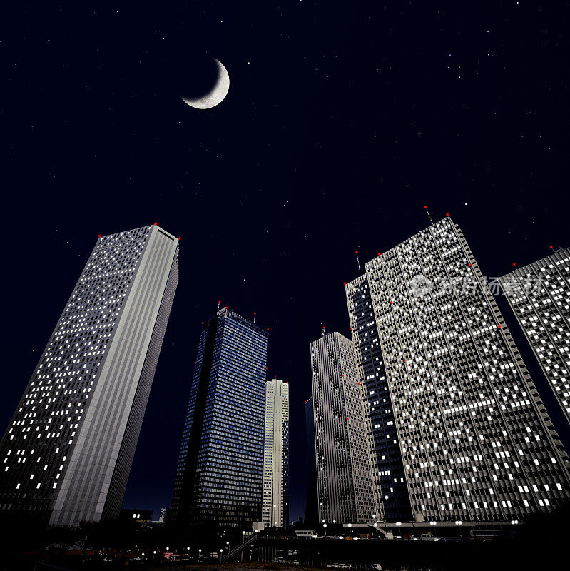 新月在摩天大楼上升起，繁星点点。