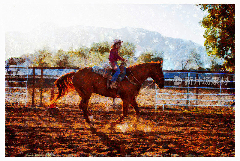 女牛仔在晨光骑马数字插图