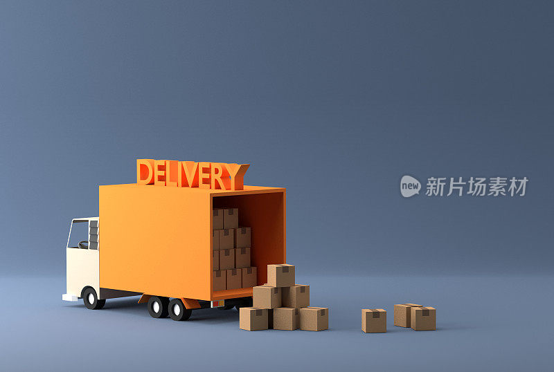 用卡车运送货物用纸板箱卸货。