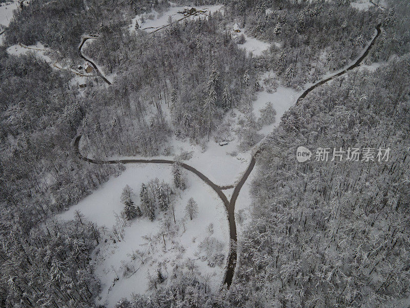 鸟瞰图蜿蜒的乡村道路在多雪的冬天