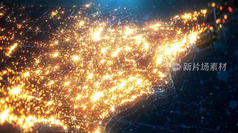 美国城市灯光照明的夜晚地图