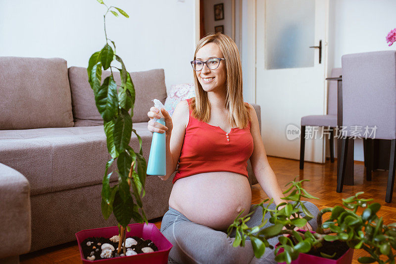 孕妇照顾家里的植物