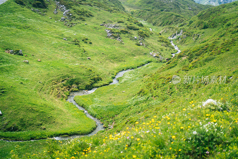 河流蜿蜒穿过高山草甸的高架景观