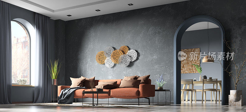 客厅现代内饰，橙色沙发，黑色混凝土灰泥墙和拱形门，家居设计3d效果图