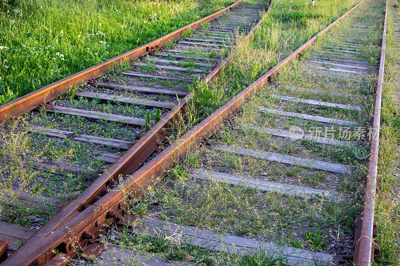 两条铁路长时间没有使用的分叉。生锈的铁rails。木质枕木。草没有割。铁路轨道已经很久没有使用了。