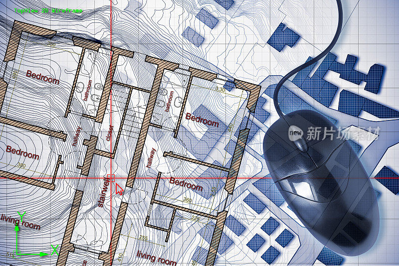 以dwg格式文件，用CAD(电脑辅助设计)电脑软件绘制的假想地籍地图上的住宅建筑