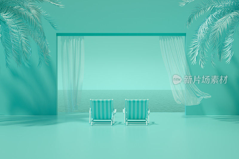 最小的夏季假期旅游概念窗口，以海绿松石背景