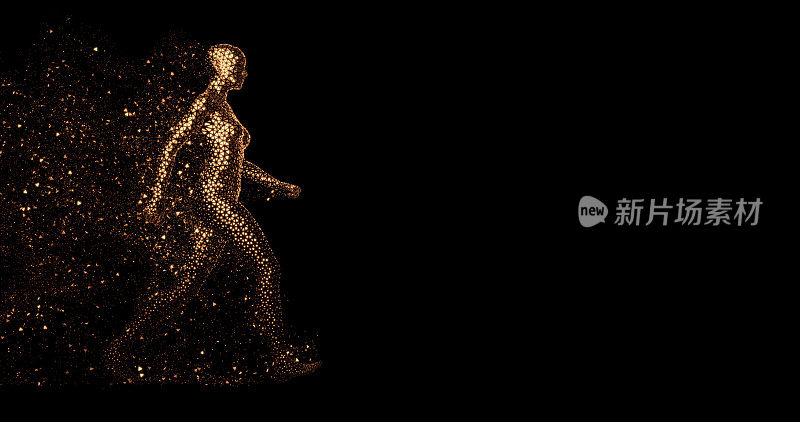 一个行走的女性全息3D模型，由一个金色三角形组成