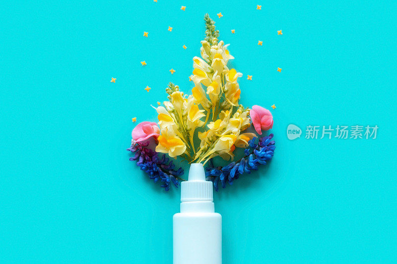 花粉和花抗组胺剂对抗季节性过敏。鼻喷雾剂过敏概念