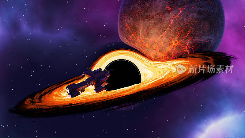 黑洞在太空中吞噬行星和恒星。黑洞的视界，星系的毁灭，强大的引力。三维渲染