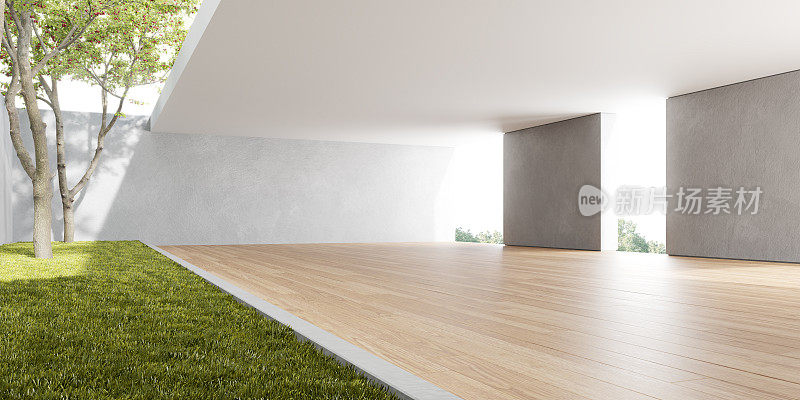 空房间的三维效果图，有木地板和混凝土墙。