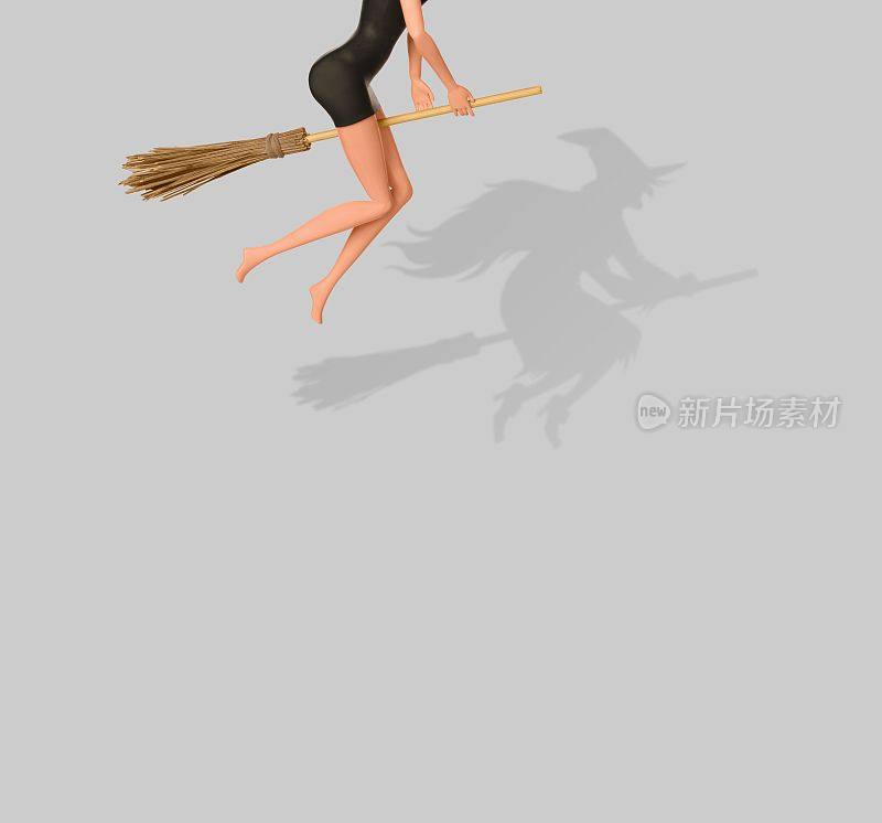 一个女巫骑着扫帚的三维渲染的背景的幽灵女巫的影子