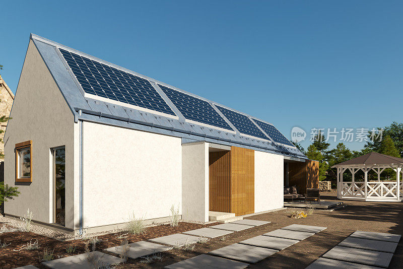 屋顶上的可再生清洁绿色节能高效太阳能电池板