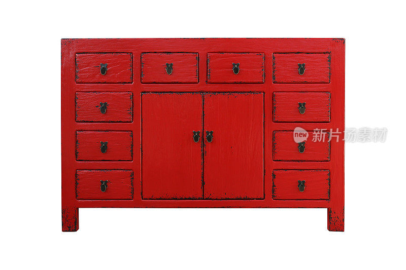 白色背景下带有两扇门和10个抽屉的红色柜子。
