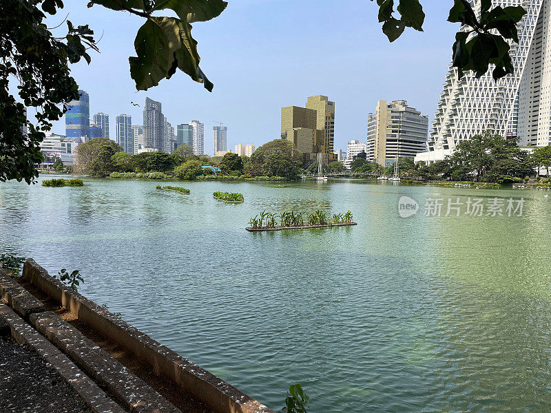 从斯里兰卡科伦坡贝拉湖对面的Gangaramaya公园俯瞰市中心的城市景观，牛郎星倾斜和垂直的塔，阳光明媚的蓝色晴空背景