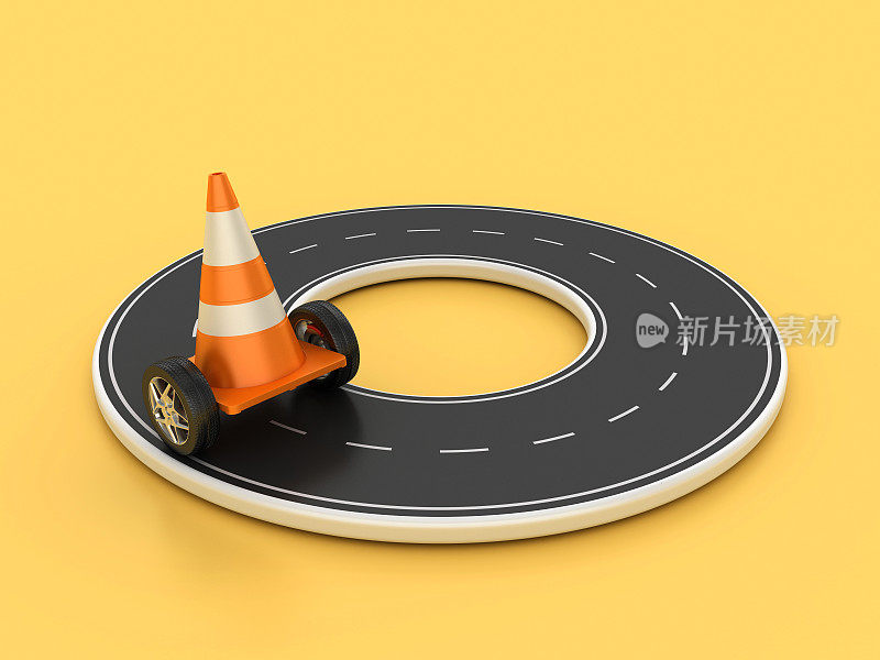 圆形3D道路与车轮上的交通锥