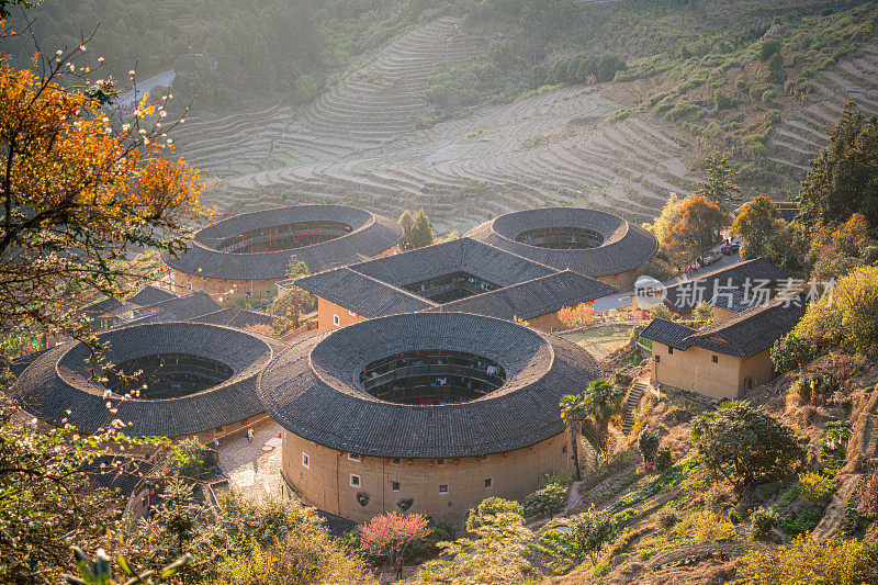 福建土楼，是中国古老的传统乡村民居鸟瞰图。