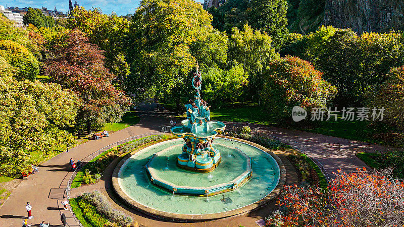爱丁堡王子街花园鸟瞰图，苏格兰著名景点鸟瞰图，爱丁堡罗斯喷泉，爱丁堡城市公园