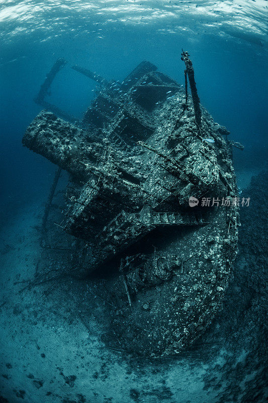 大型沉船完全生锈，长满了珊瑚躺在红海的海底