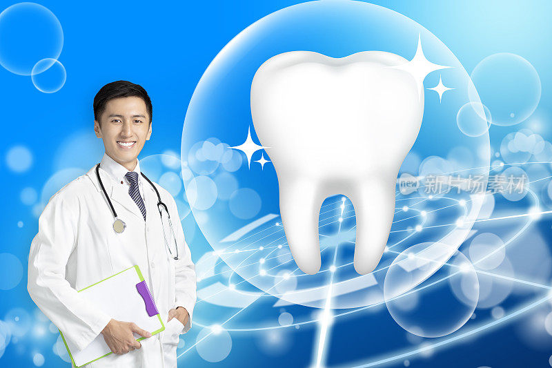 年轻的牙医展示健康的牙齿与发光的概念